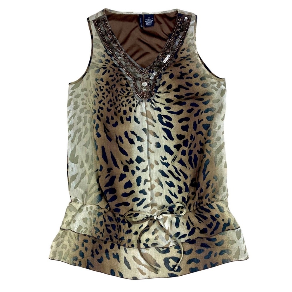 New Directions Leopard Print Chiffon Blouse Womens M Brown Embellished Evening